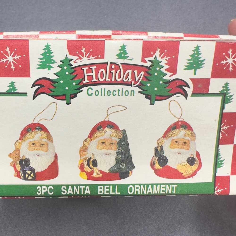 Vintage 3Pc Holiday Collection Santa Bell Ornaments Box Christmas Tree Lantern